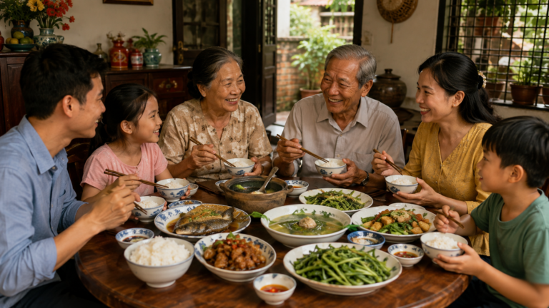 Vietnamese family sharing a traditional meal