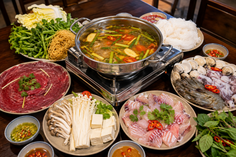 Vietnamese hot pot with fresh seafood, meat and vegetables