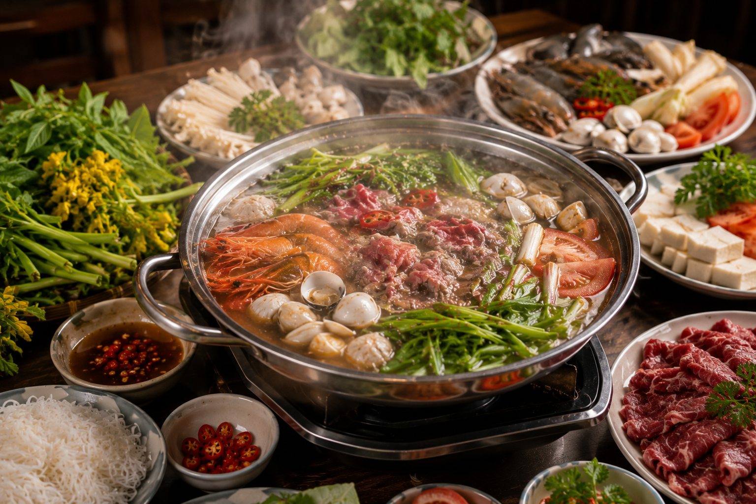 Traditional Vietnamese hot pot in Vietnam with seafood, beef and fresh vegetables