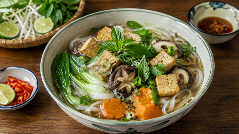 Vietnamese vegetarian pho with tofu and mushrooms