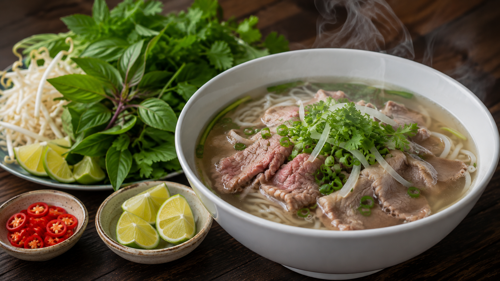 Vietnamese pho served with fresh herbs lime and chili
