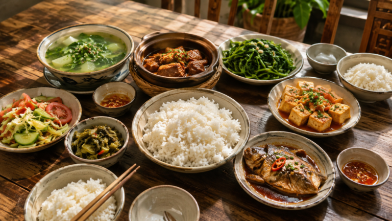 Traditional Vietnamese family meal with steamed rice and shared