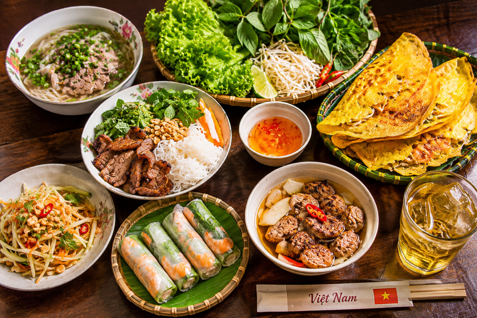 Traditional Vietnamese street food dishes with fresh herbs
