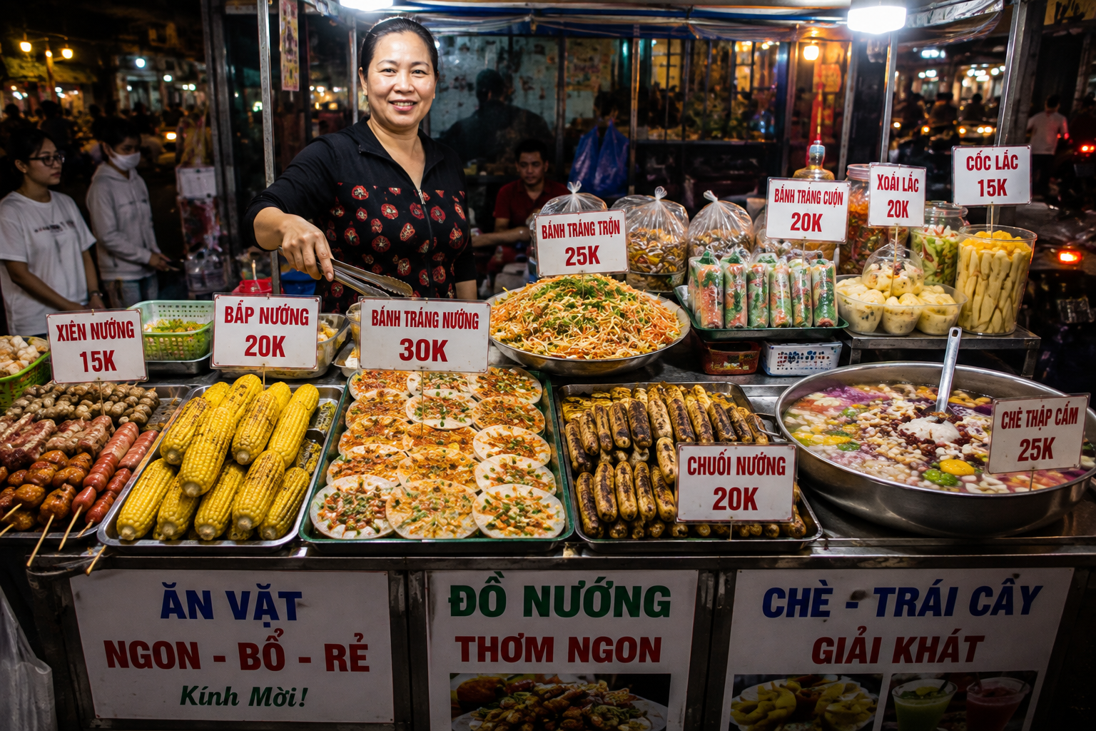 Vietnam street snacks displayed by a street vendor with prices