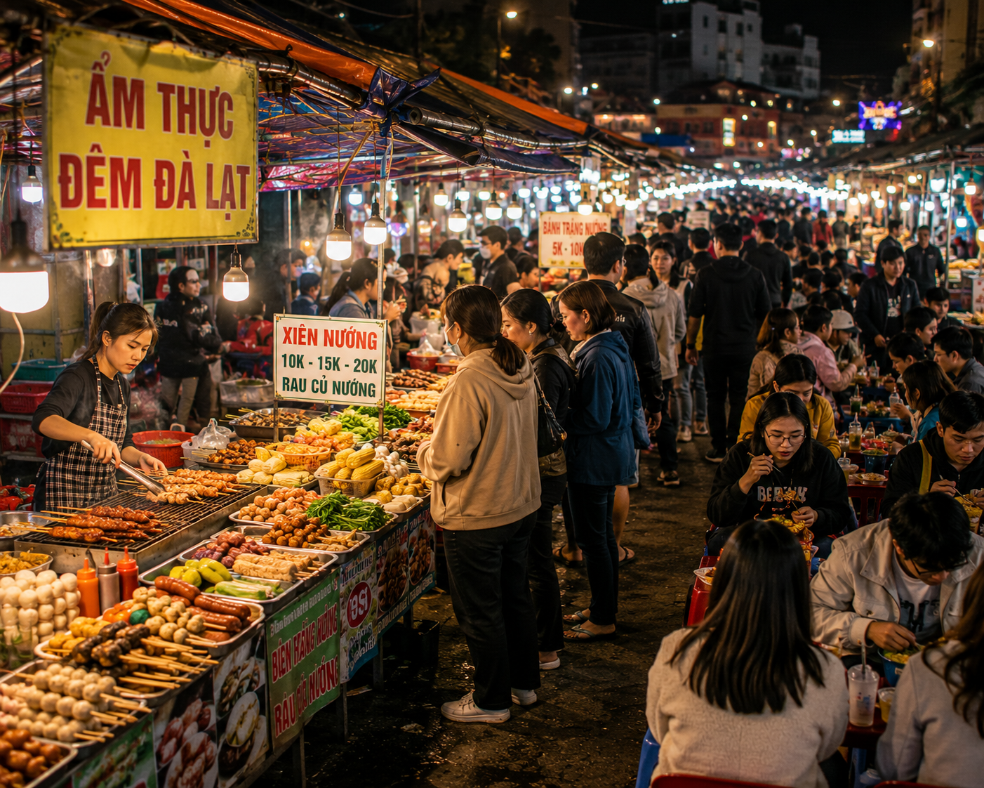 Busy Vietnamese night market with food stalls and local customers