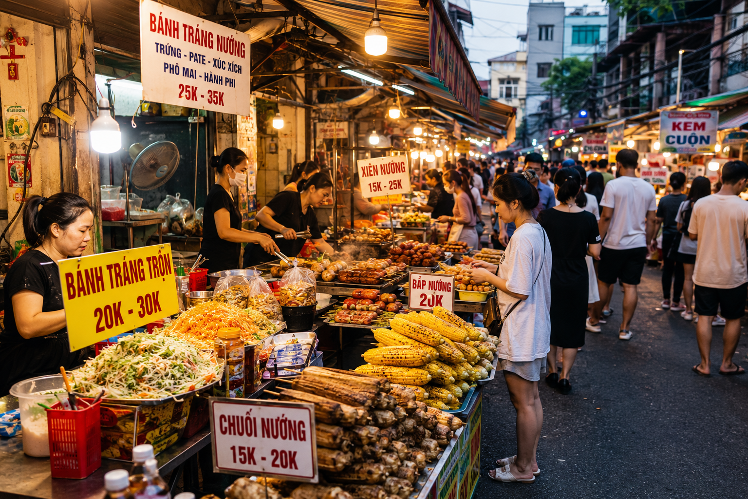 Vietnam street snacks at a busy local street food market