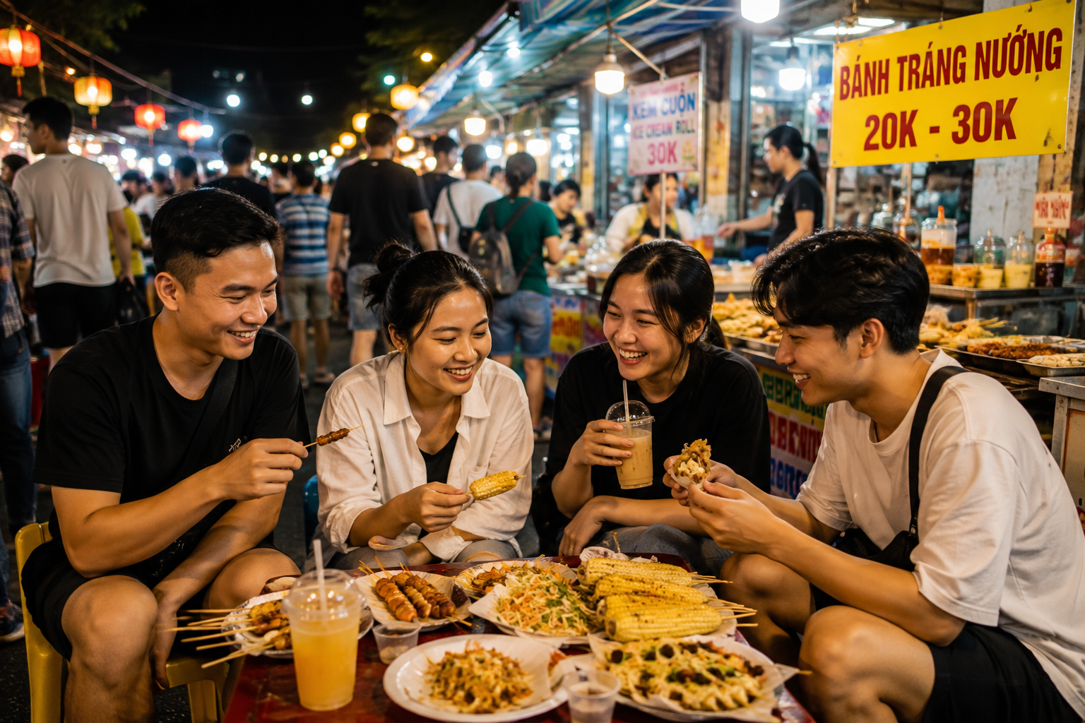 Local people enjoying Vietnam street snacks at a Vietnamese night market