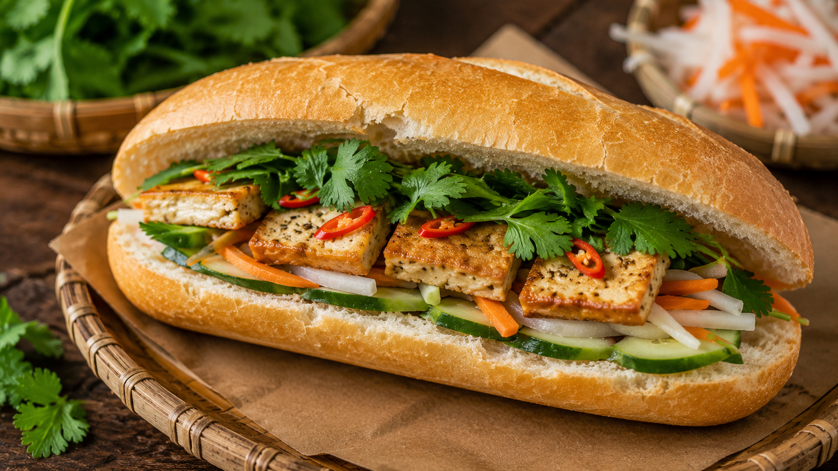 Vietnamese vegetarian banh mi with tofu and vegetables