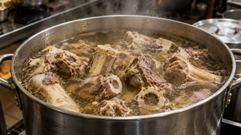 Beef bones simmering in a traditional Vietnamese broth