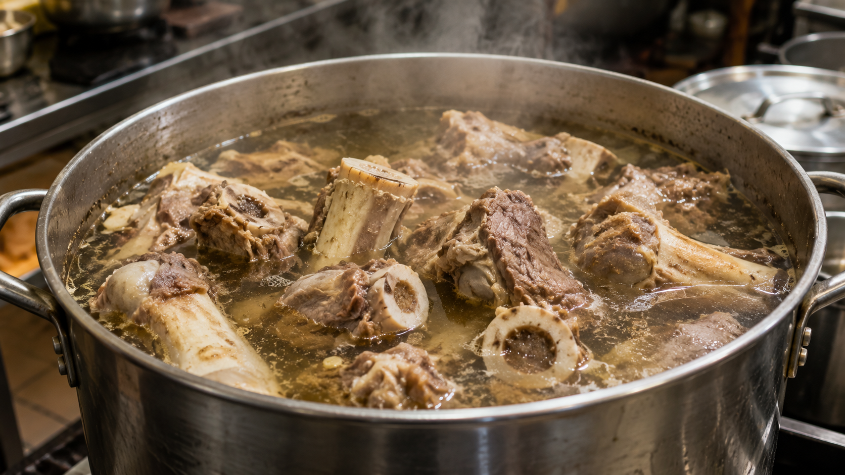 Beef bones simmering in a traditional Vietnamese broth