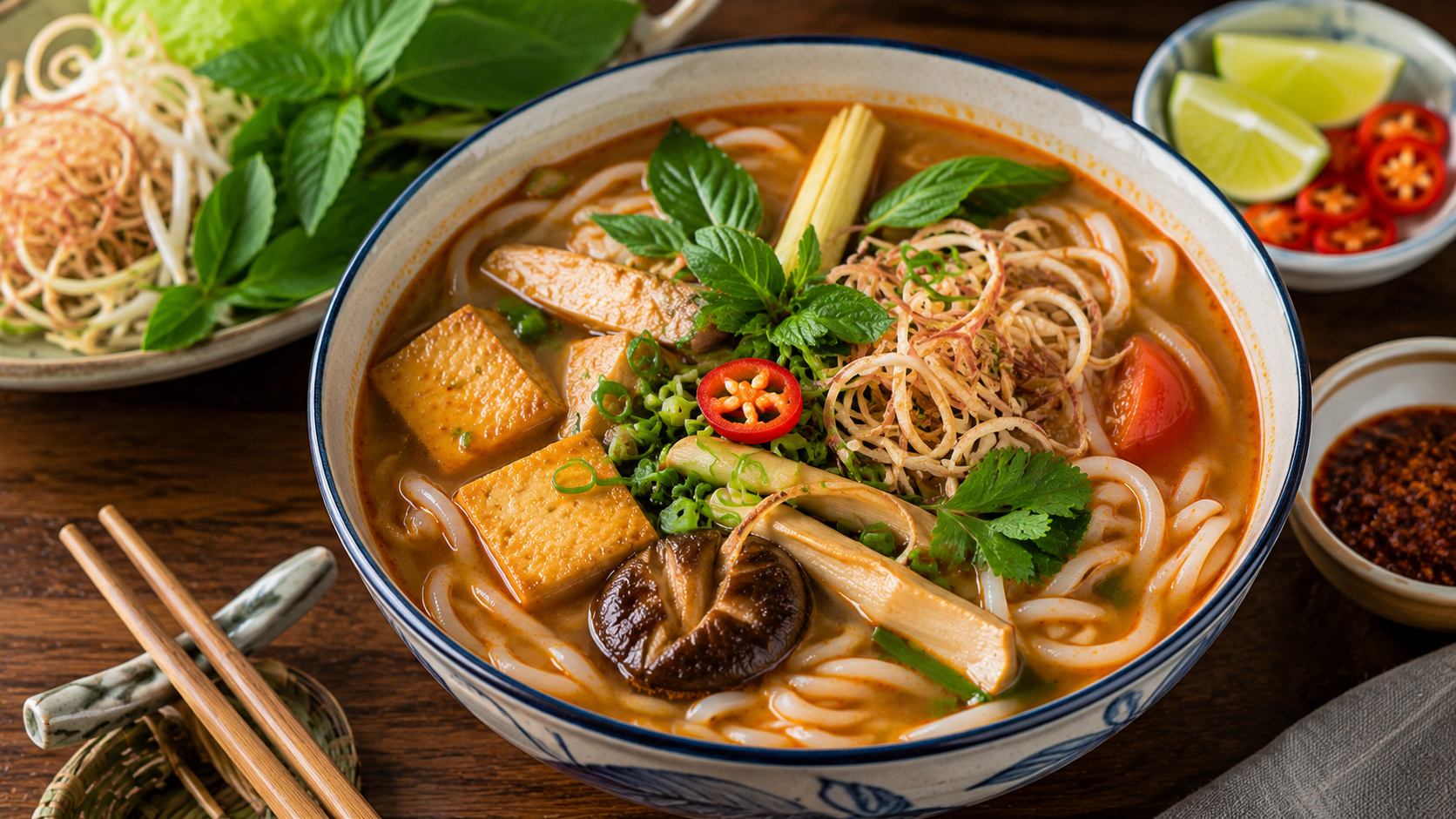 Vegetarian Bun Hue noodle soup with tofu