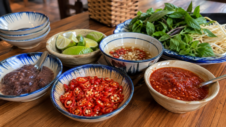 Vietnamese chili and condiments served at a restaurant table