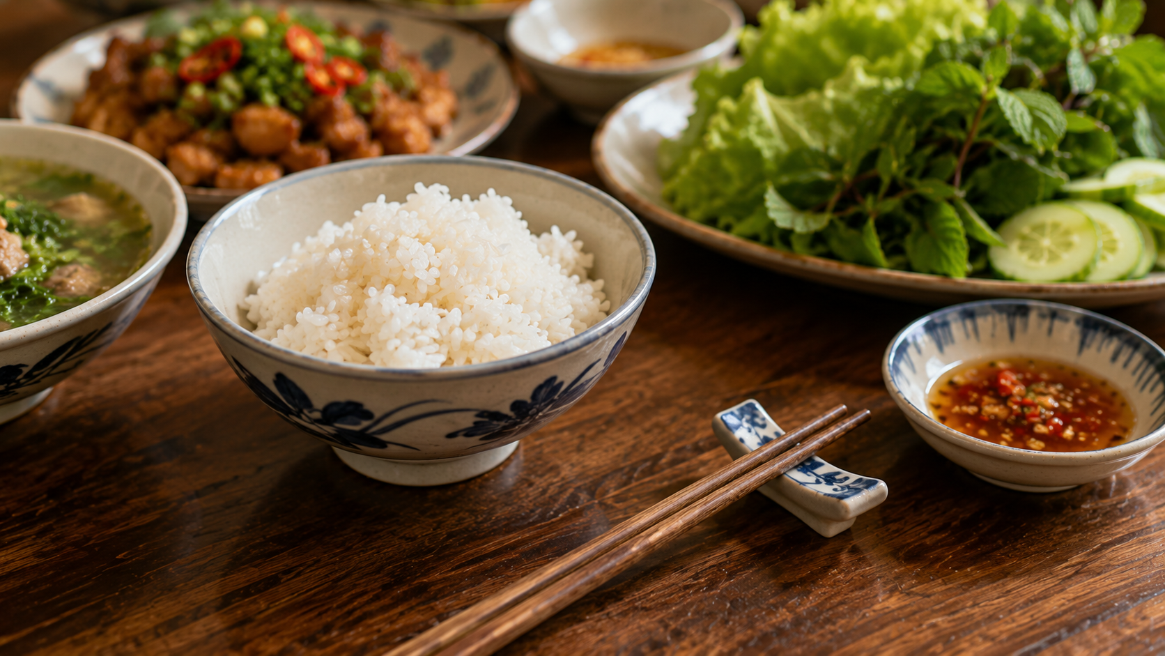 Chopsticks placed beside a Vietnamese rice bowl