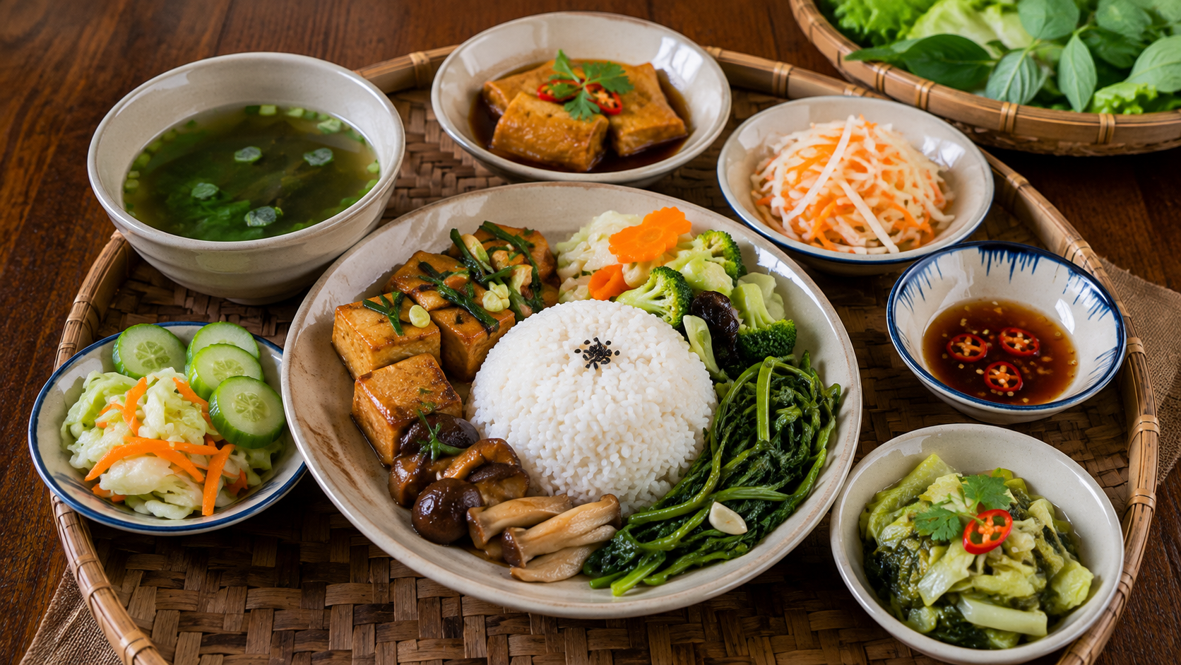 Traditional Vietnamese vegetarian rice meal