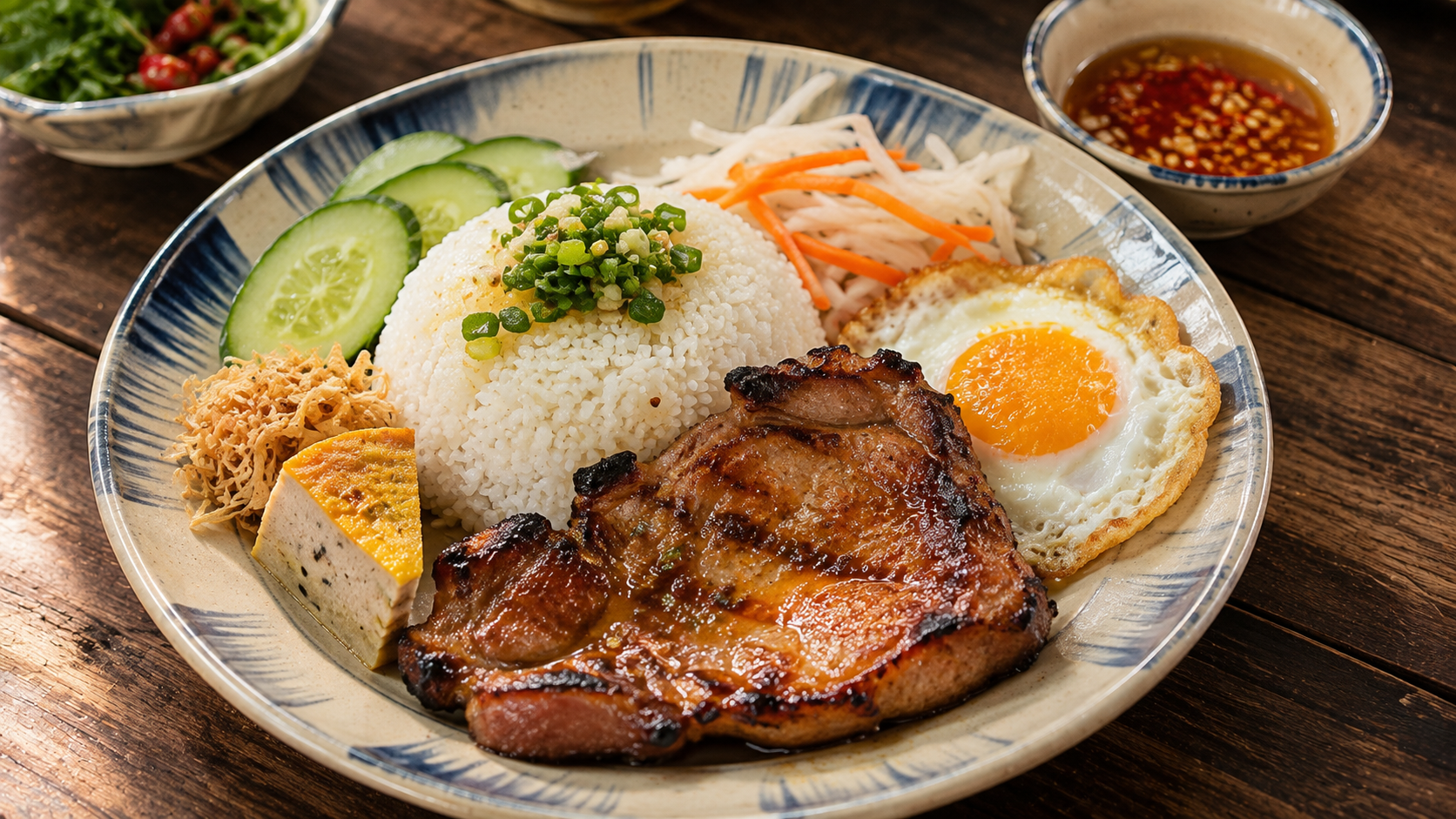 Vietnamese cơm tấm broken rice with grilled pork and egg