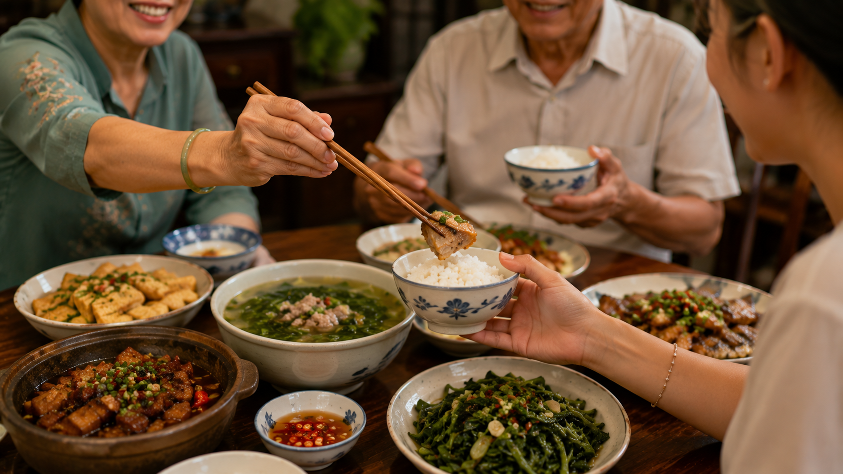 Vietnamese host offering food to a guest