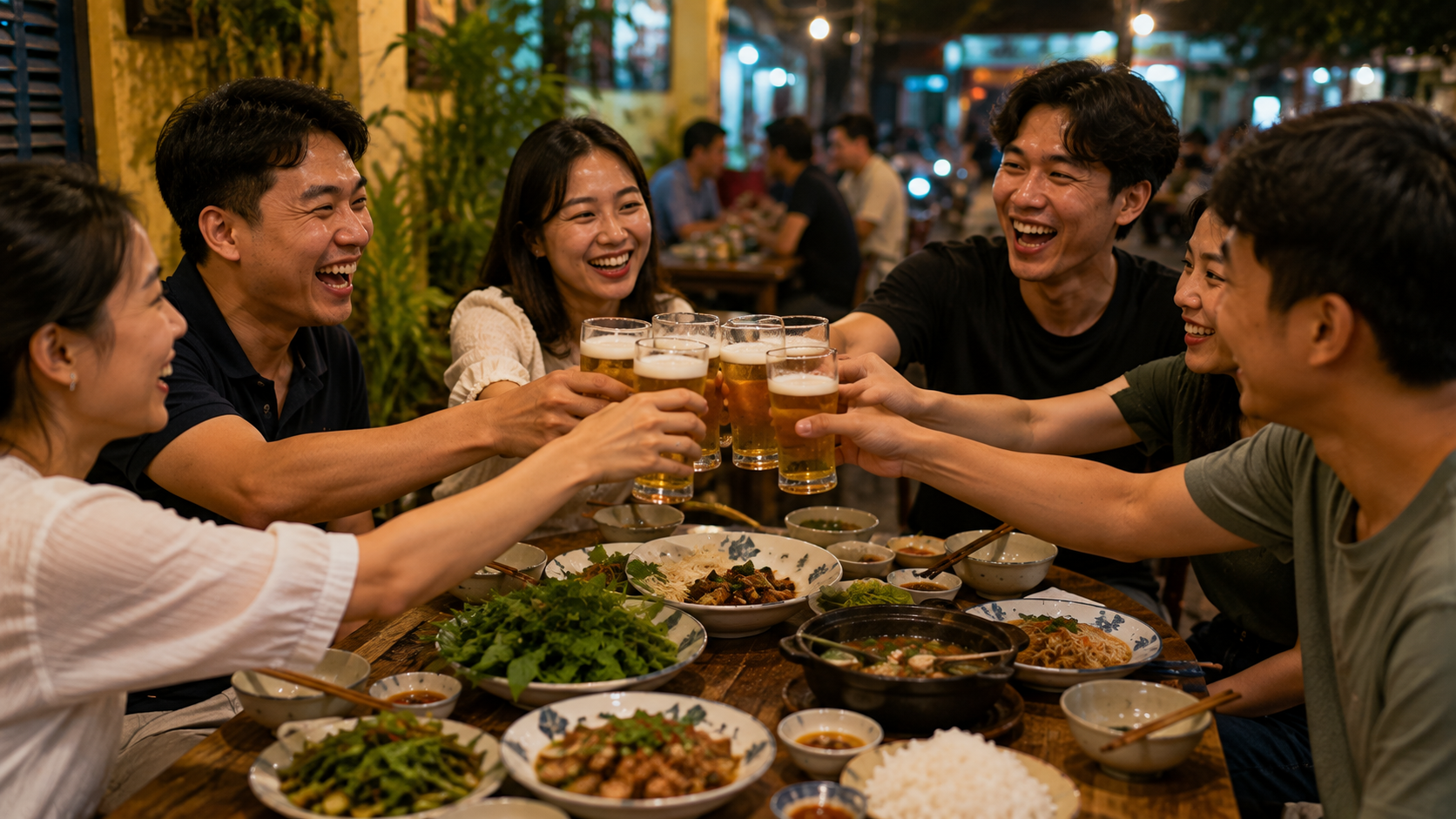 Vietnamese friends making a toast during dinner
