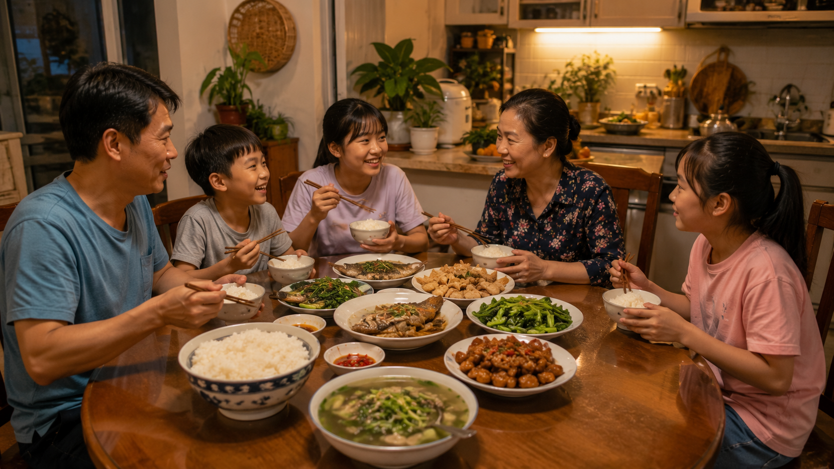 Vietnamese family sharing dinner at home