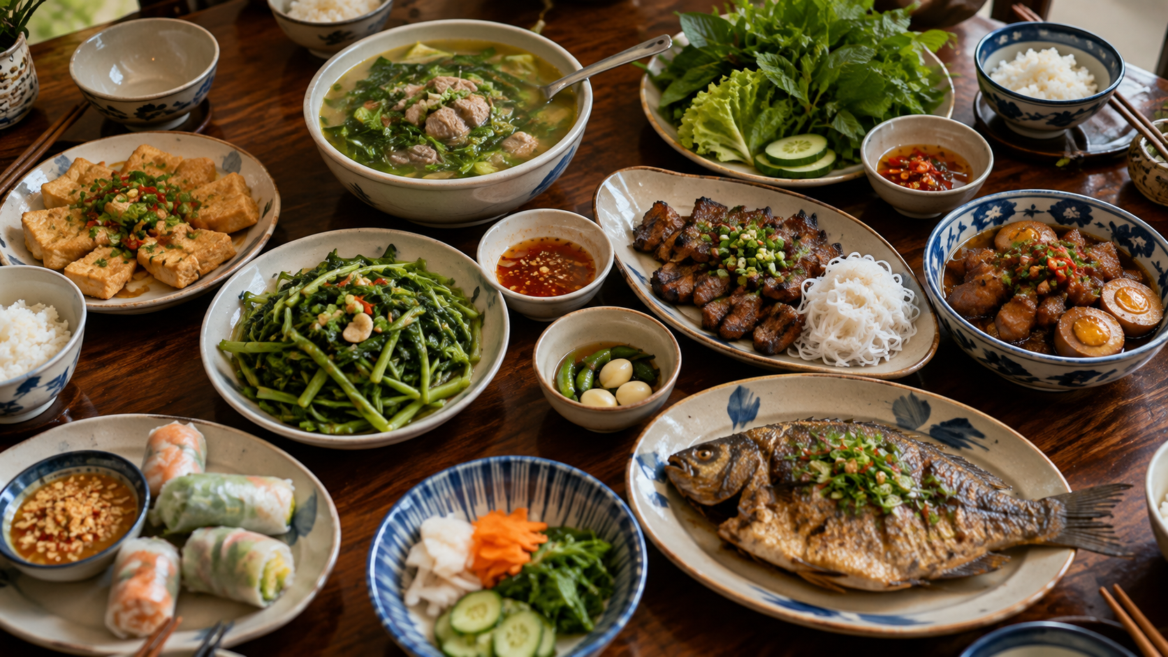 Traditional Vietnamese shared dishes on a dining table