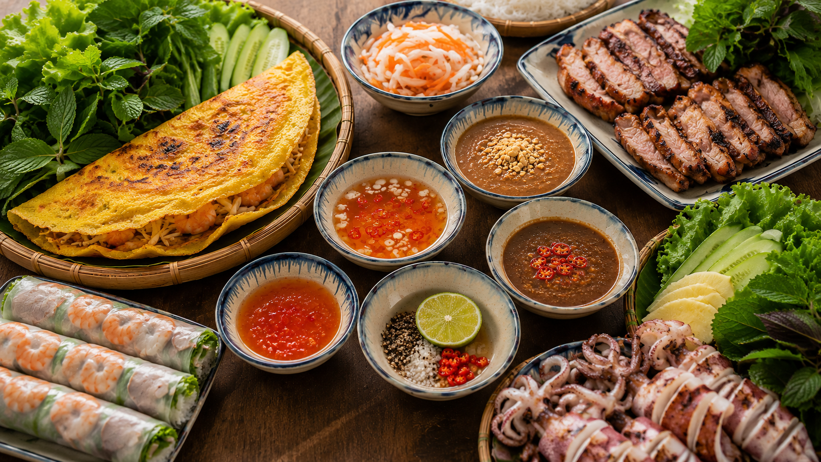 Vietnamese food served with traditional dipping sauces