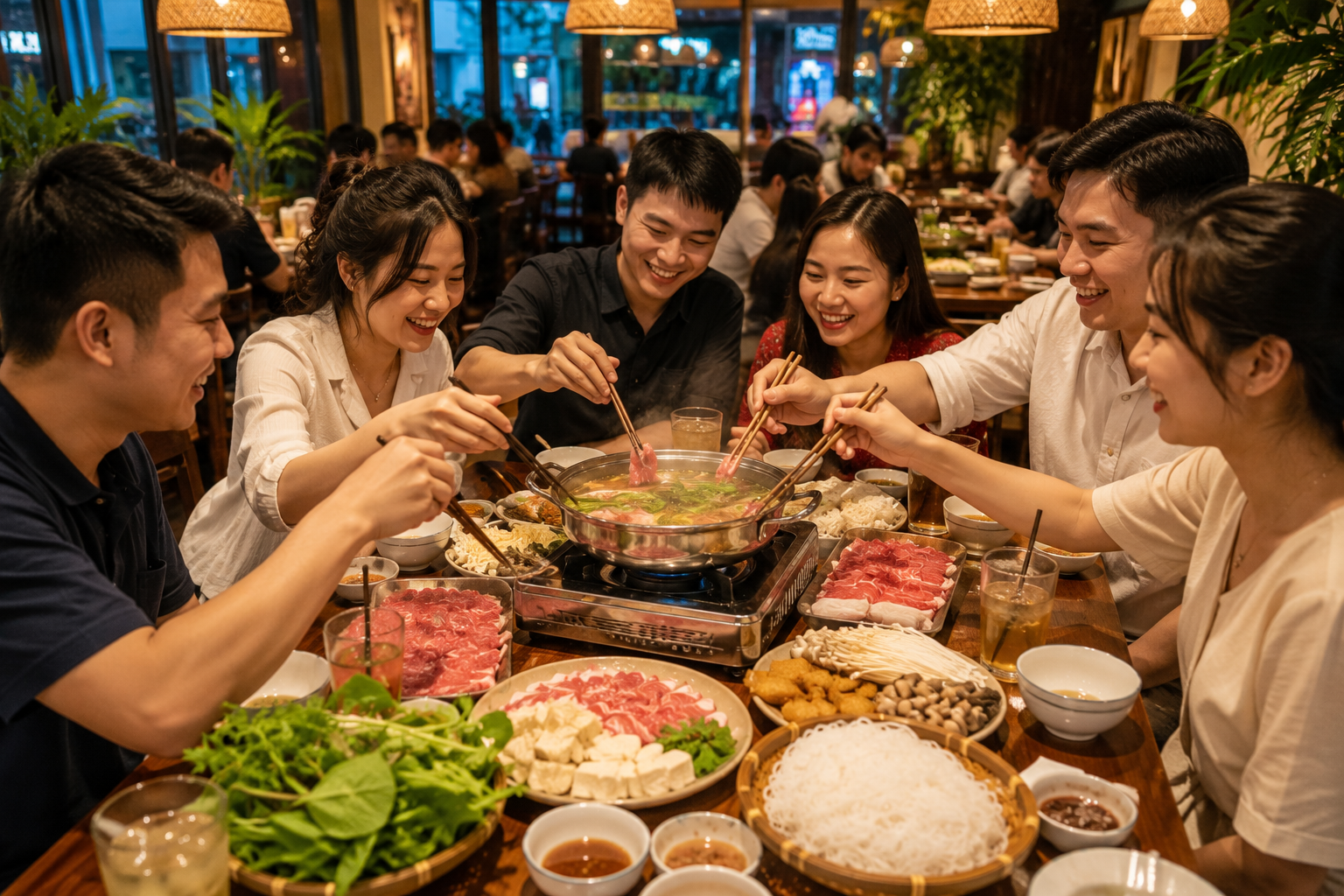 Friends sharing Vietnamese hot pot at a restaurant