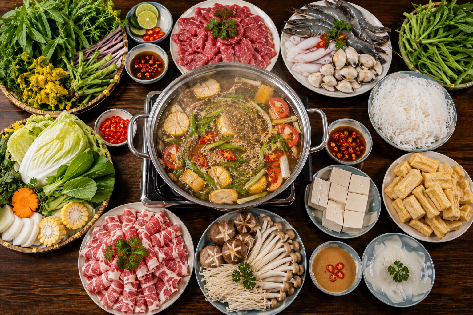 Vietnamese hot pot ingredients and side dishes with beef, seafood and vegetables