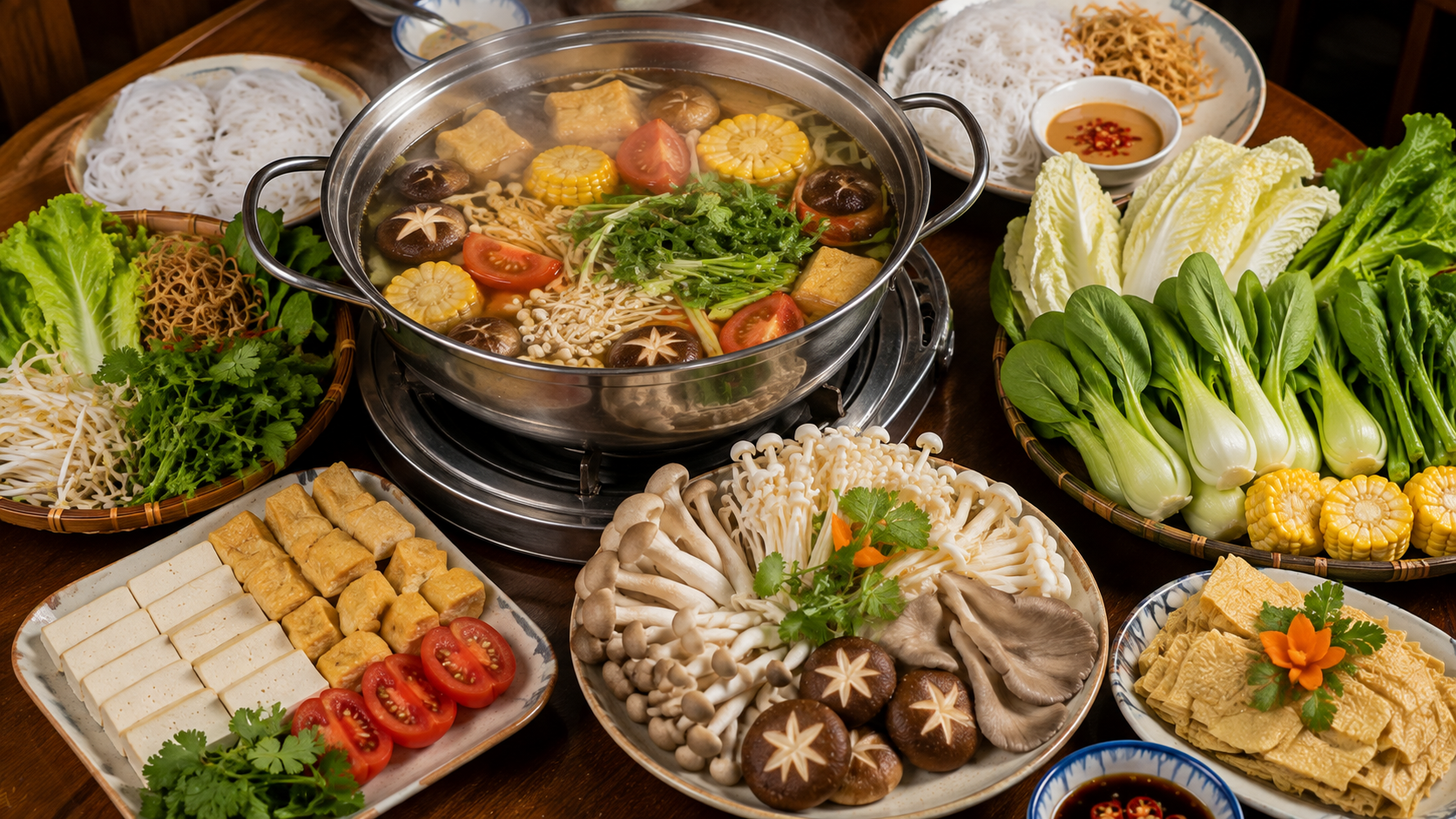Vietnamese vegetarian hot pot with tofu and vegetables