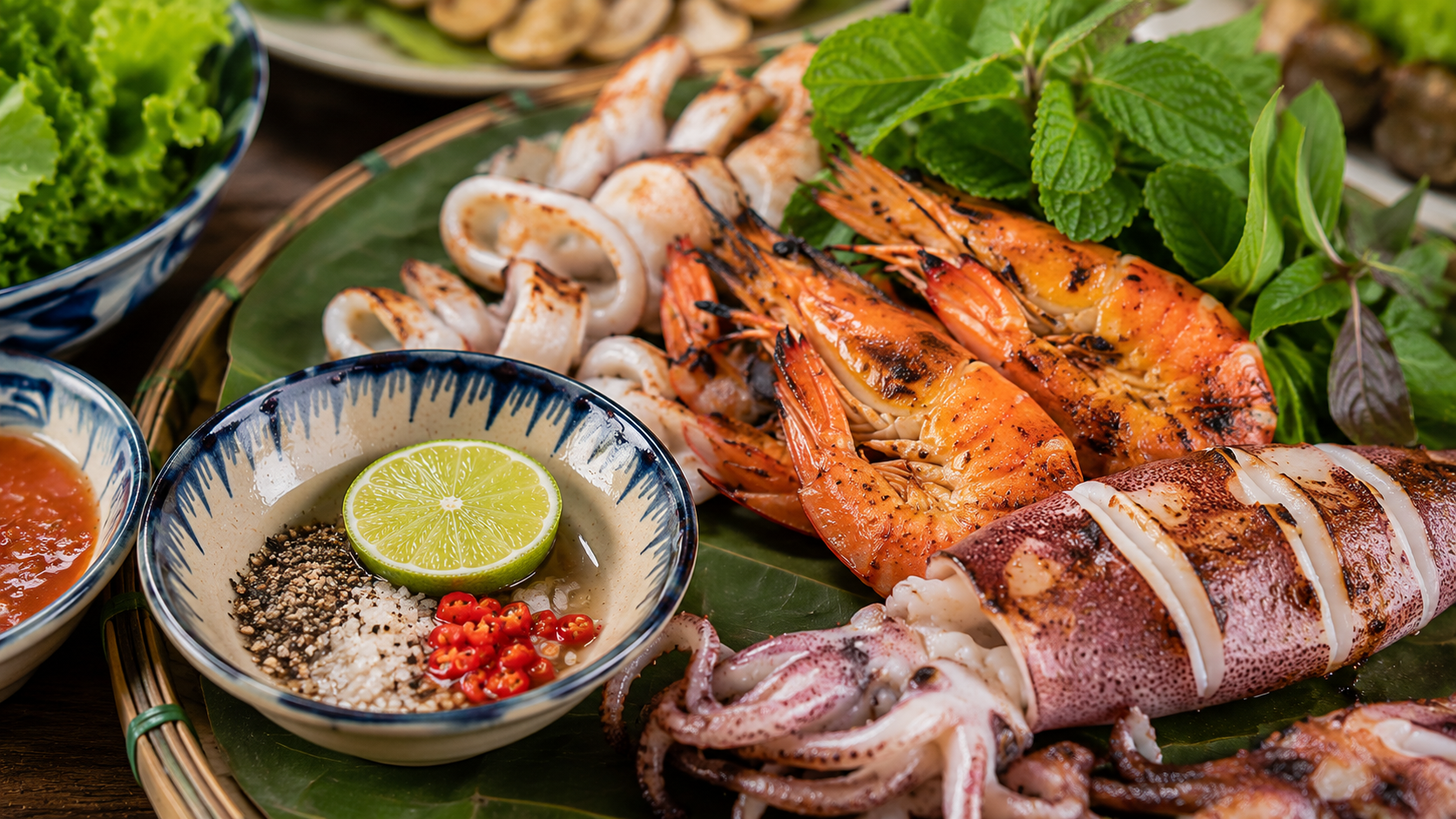 Vietnamese seafood with muối tiêu chanh dipping sauce