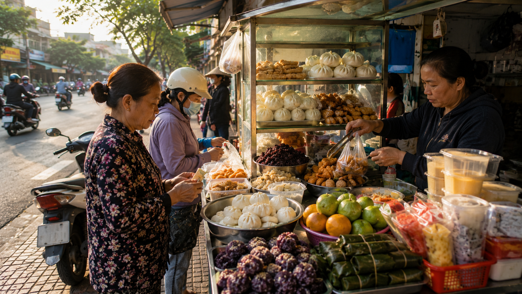 Morning snacks at a Vietnamese street food stall
