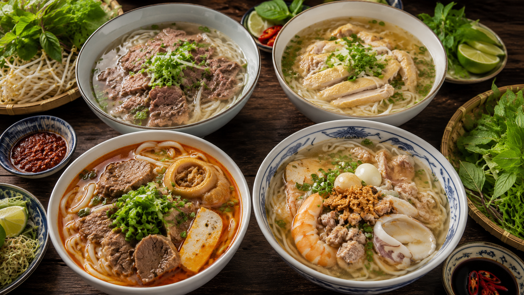 Different types of traditional Vietnamese noodle soup