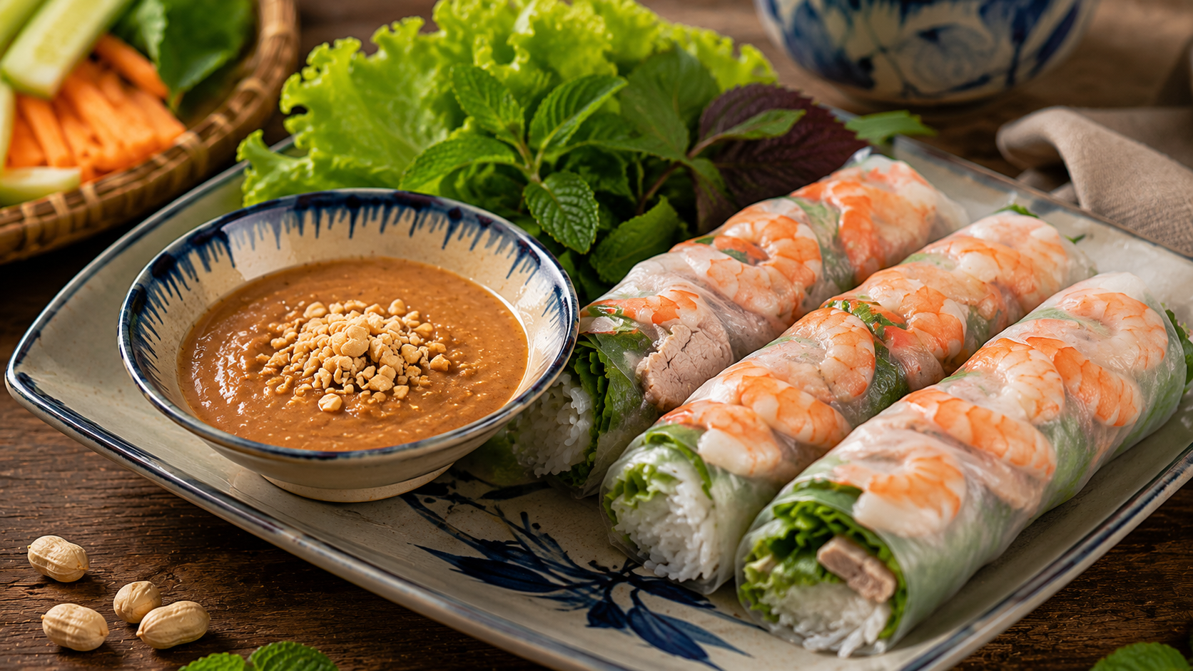 Vietnamese fresh spring rolls with peanut dipping sauce
