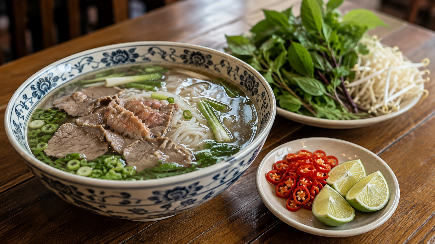 Vietnamese beef pho with chili served separately