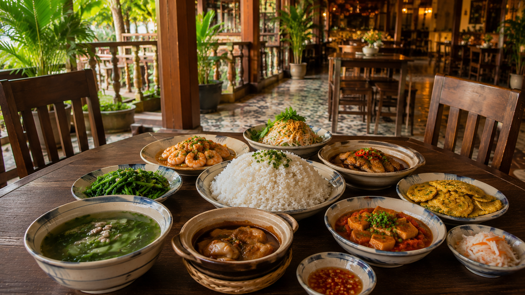 Vietnamese family rice set at a restaurant in Da Nang