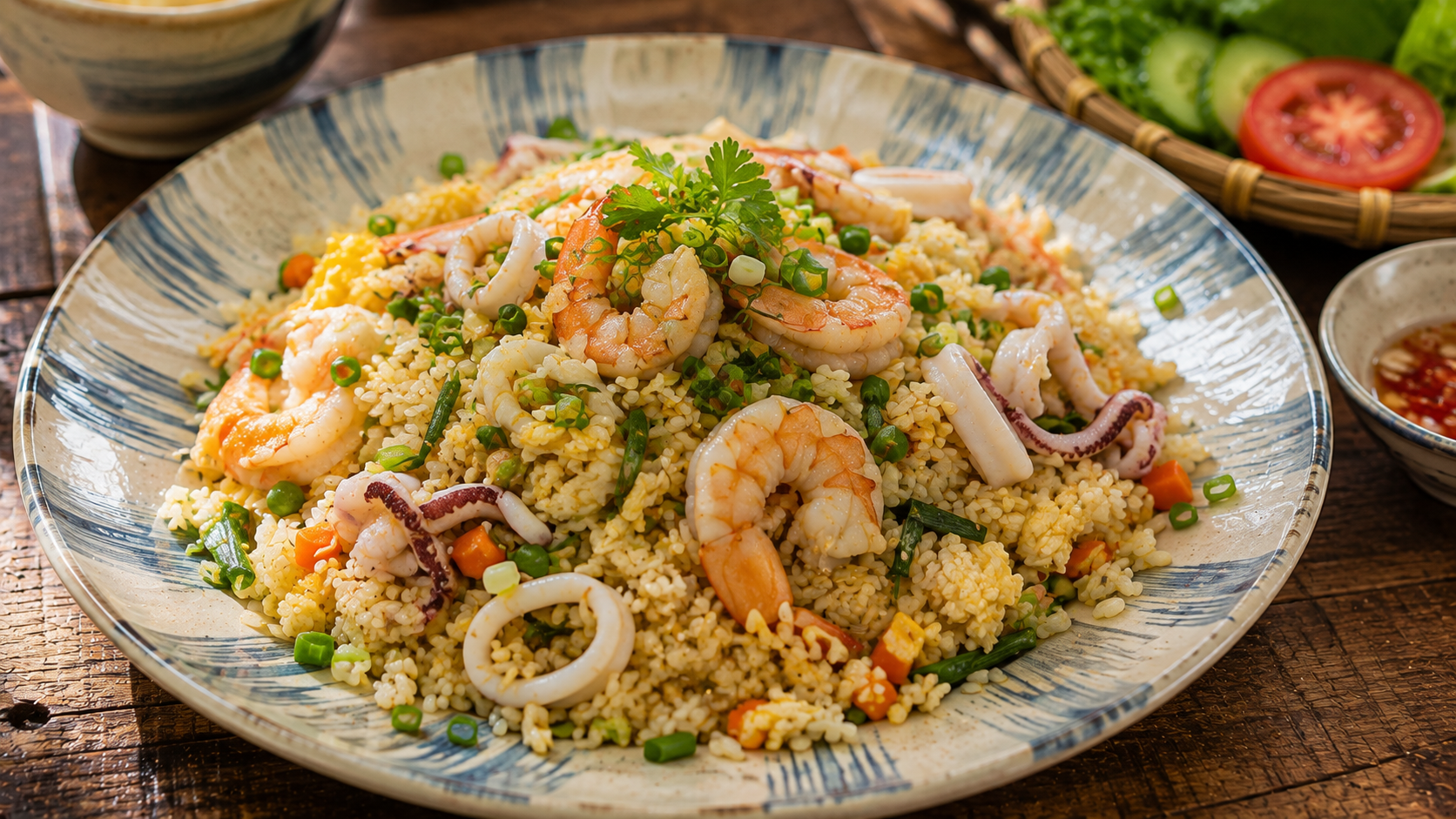Vietnamese seafood fried rice with shrimp and squid