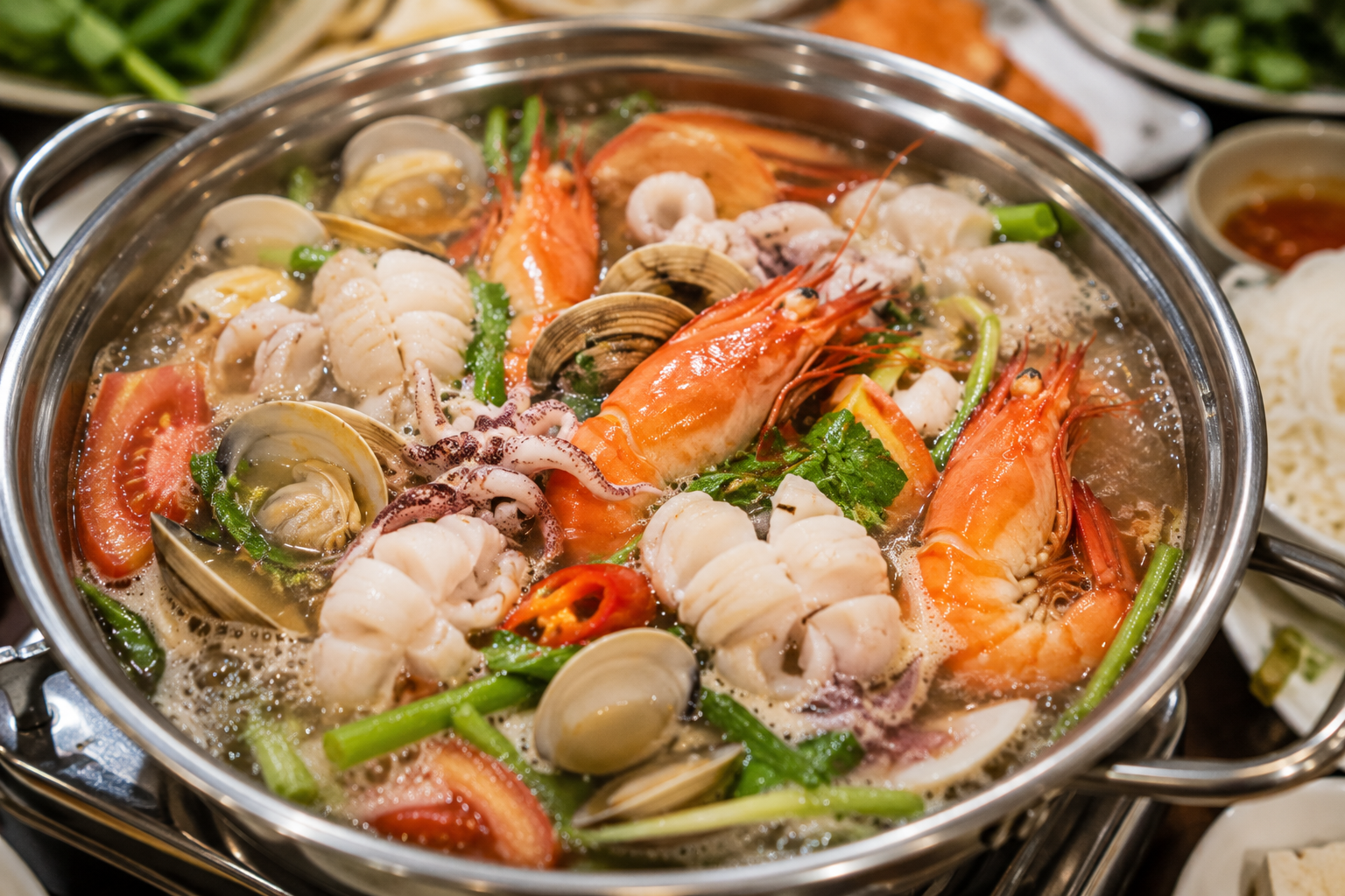 Vietnamese seafood hot pot with shrimp, squid, clams and vegetables