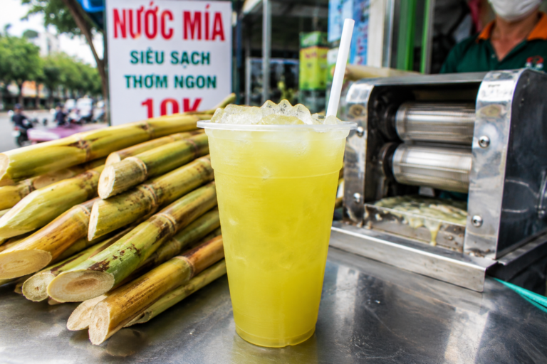 Fresh Vietnamese sugarcane juice served with ice