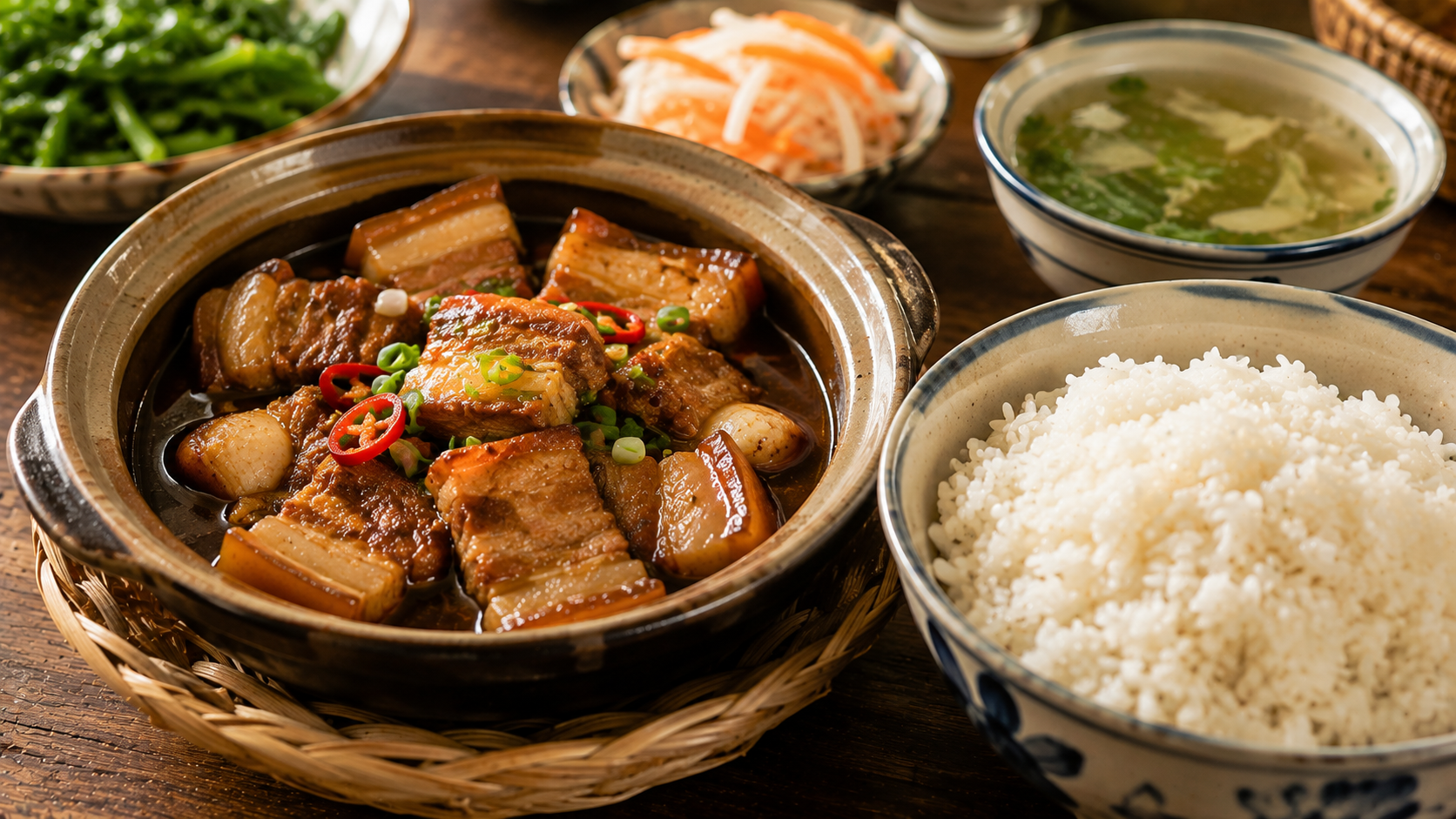 Vietnamese braised pork thịt kho with steamed rice