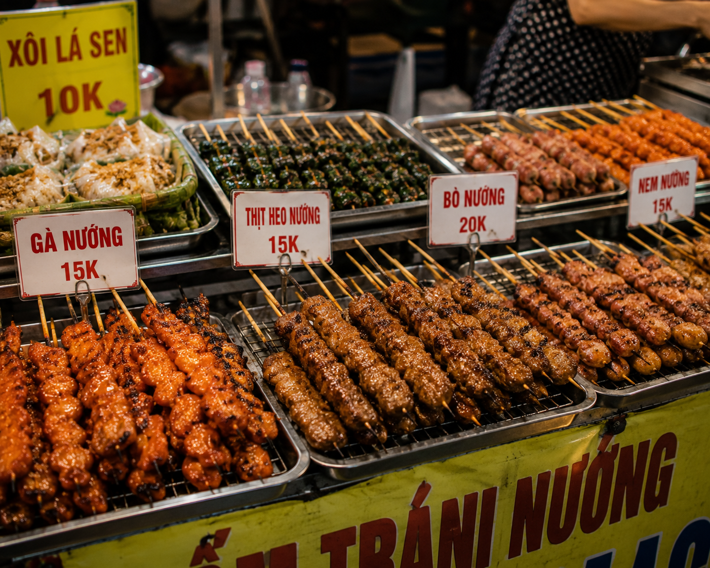Vietnamese grilled meat skewers at a night market