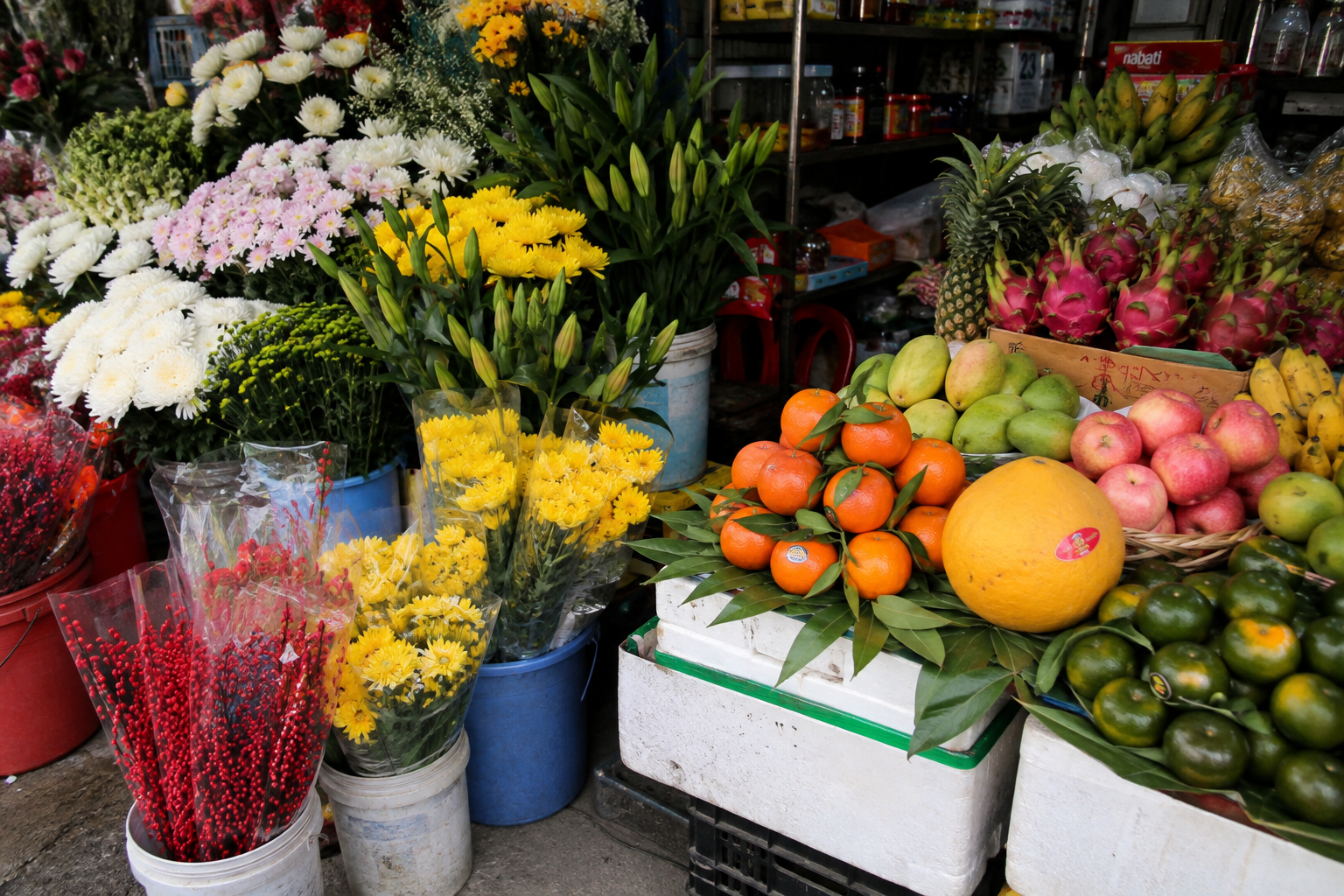 Flowers and fruit for Vietnamese ancestor offerings