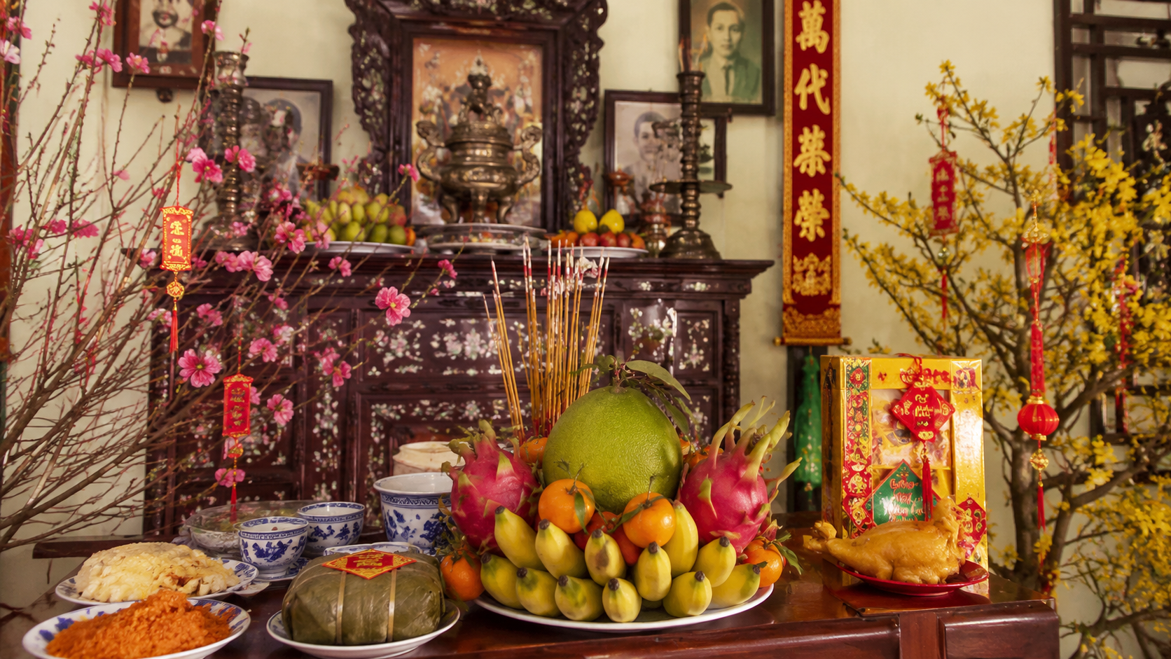 Vietnamese ancestor altar prepared for Tet