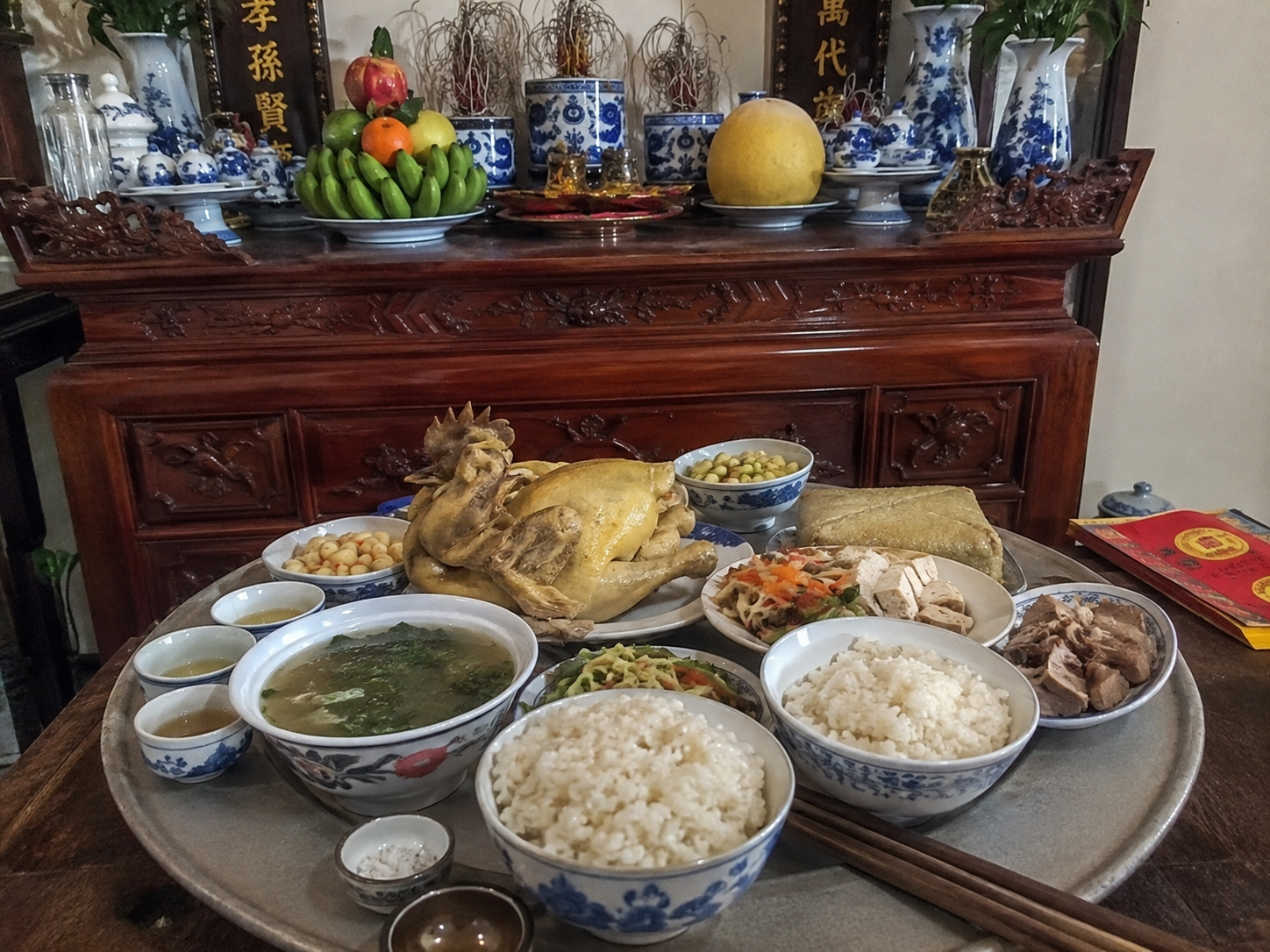 Traditional Vietnamese food prepared for ancestor worship
