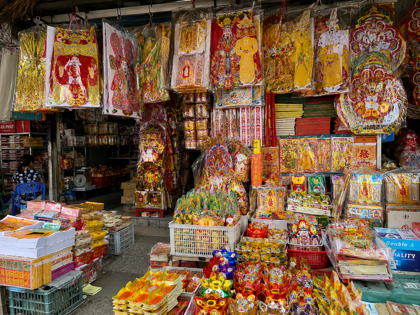 Vietnamese joss paper and vang ma offerings at a market