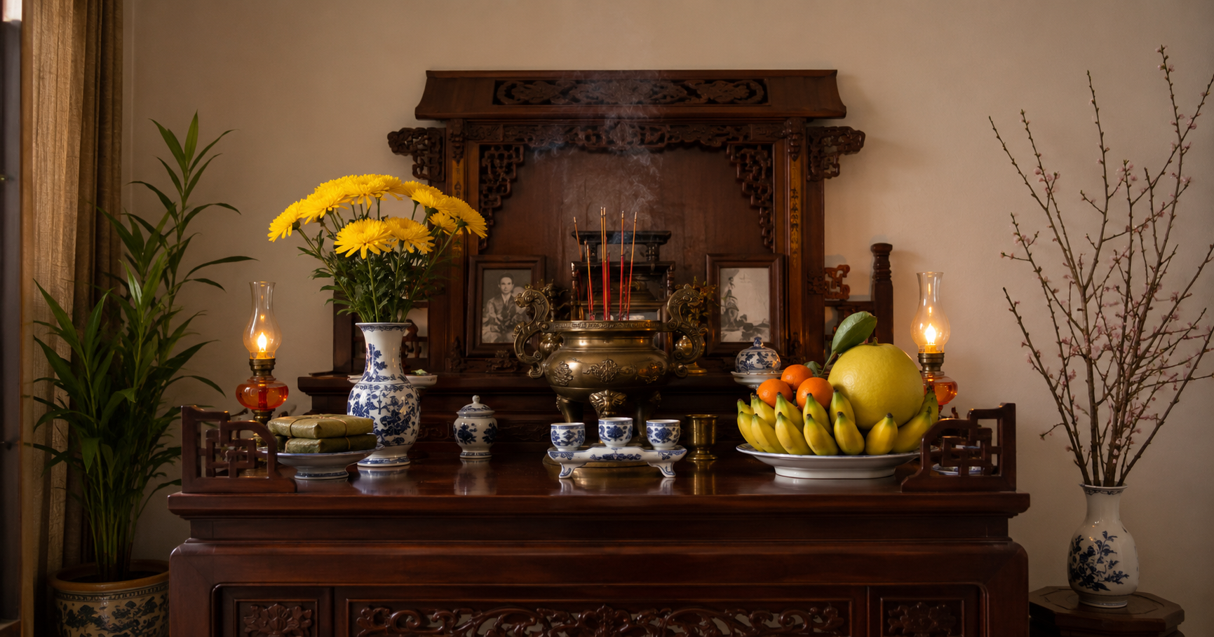 Vietnamese ancestor altar with incense flowers and fruit
