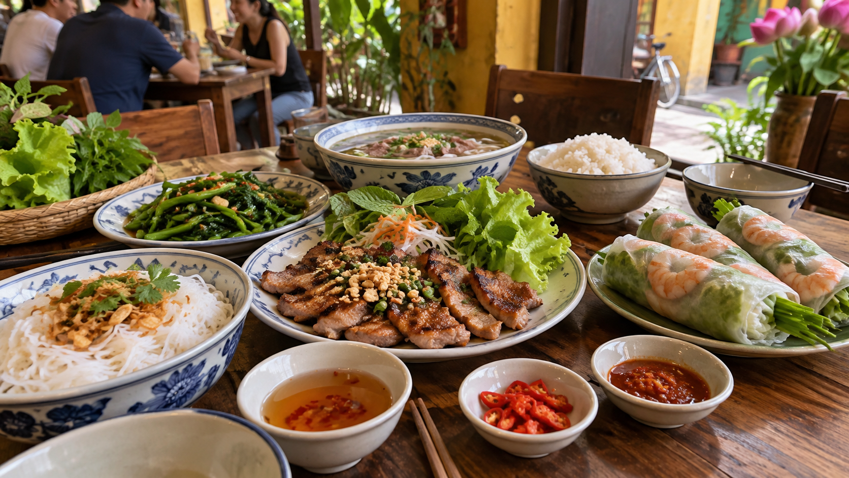 Vietnamese meal with chili condiments served separately