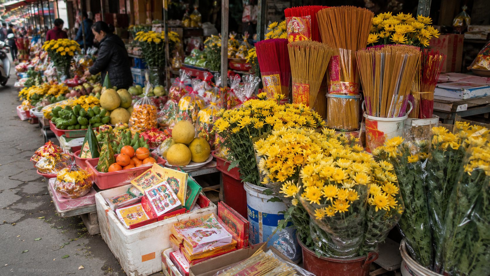 Vietnamese market selling ancestor worship offerings