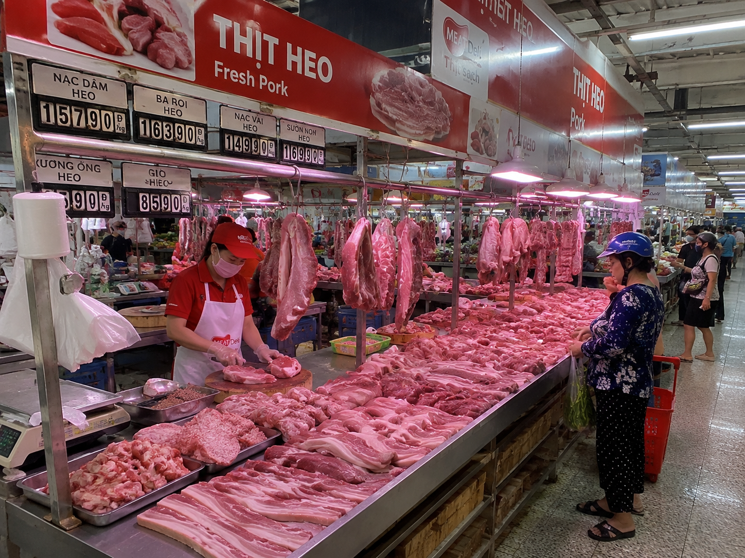 Fresh pork and meat section at a market in Vietnam