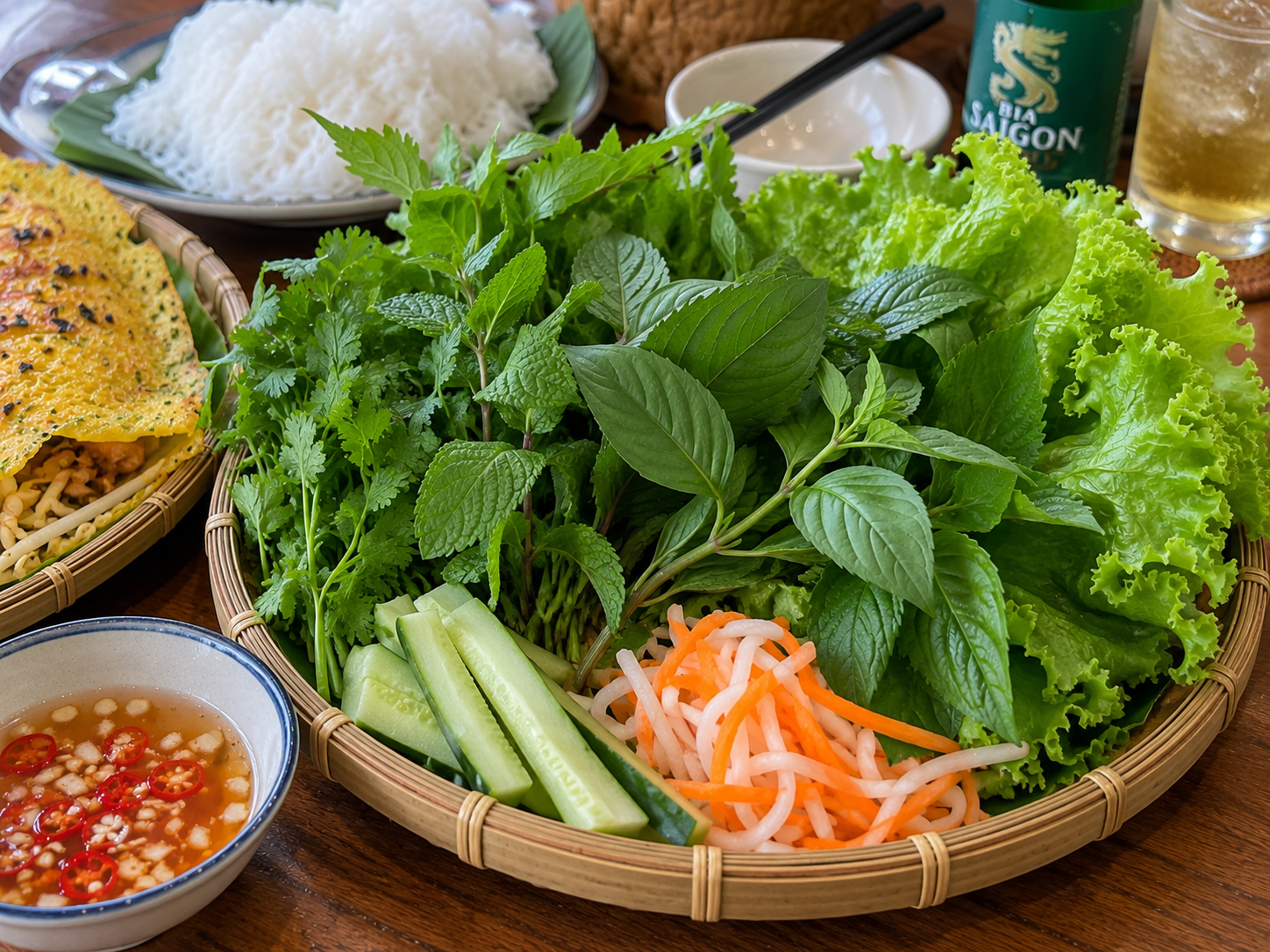 Fresh Vietnamese herbs served with a traditional meal