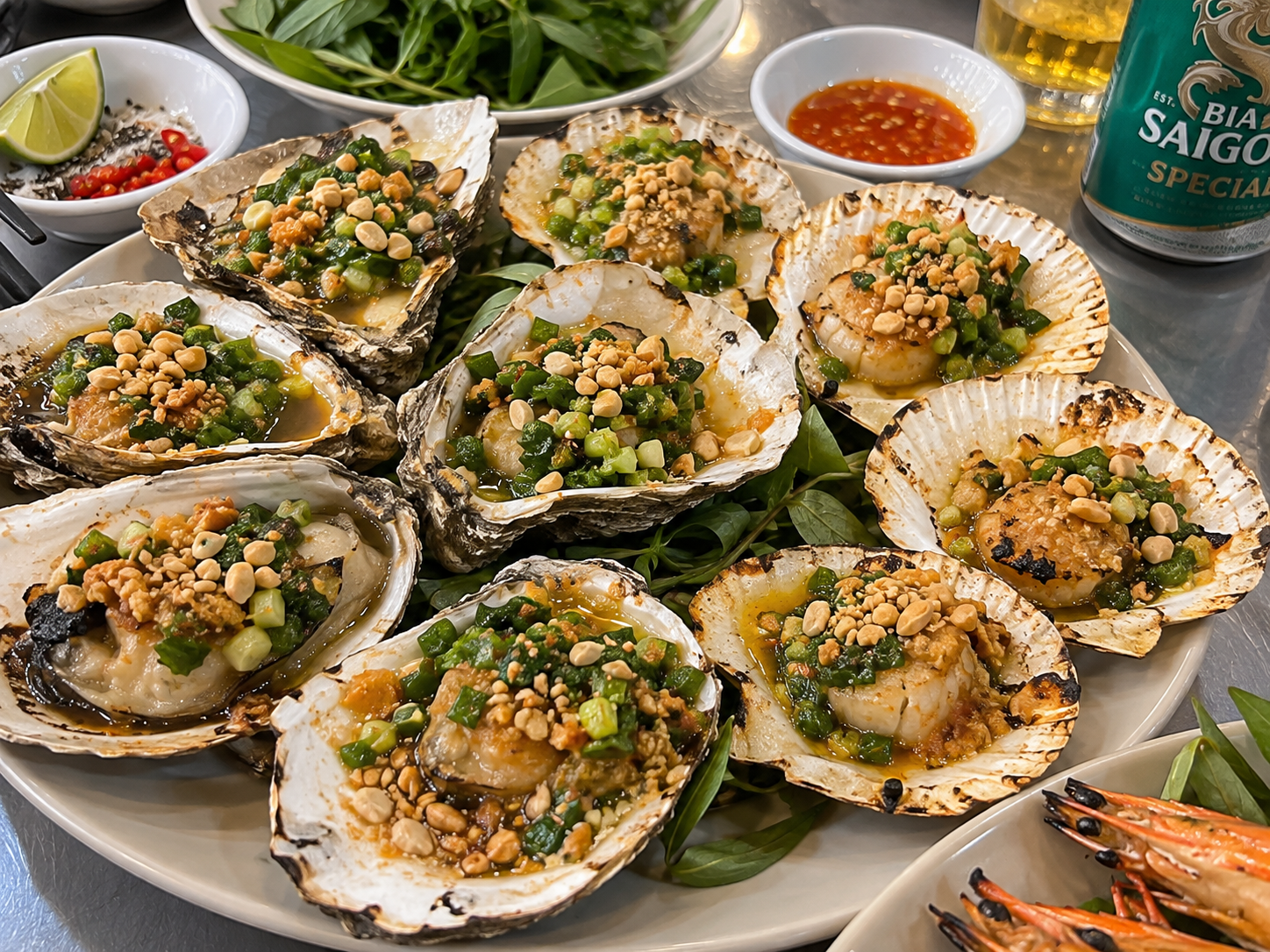 Vietnamese grilled oysters and scallops with scallion oil