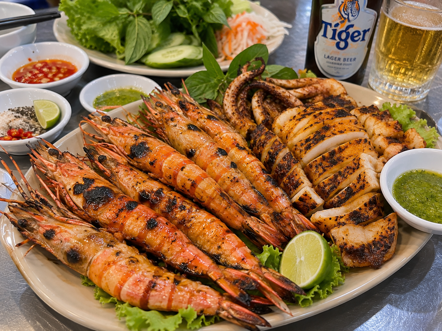 Vietnamese grilled prawns and spicy grilled squid