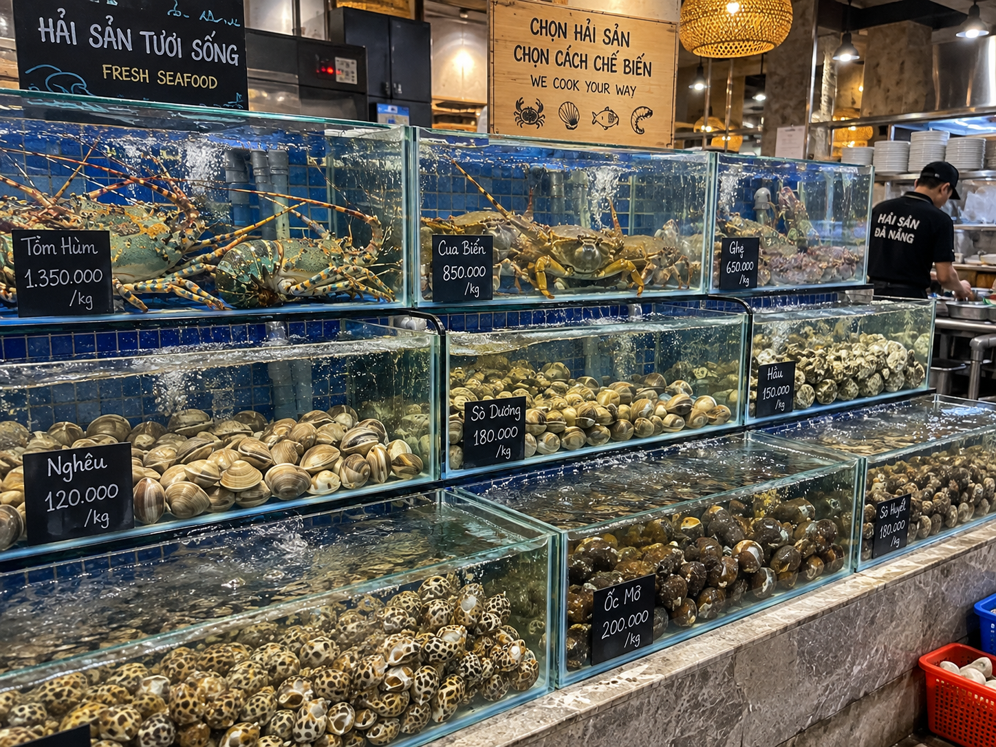 Live seafood tanks at a restaurant in Da Nang Vietnam